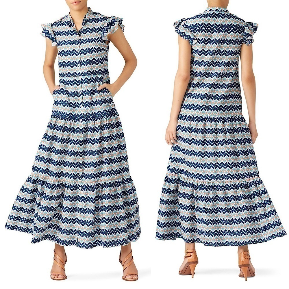 PALOMA BLUE Silk Cotton Flutter Sleeve Button Front Tiered Ruffle Maxi Dress L